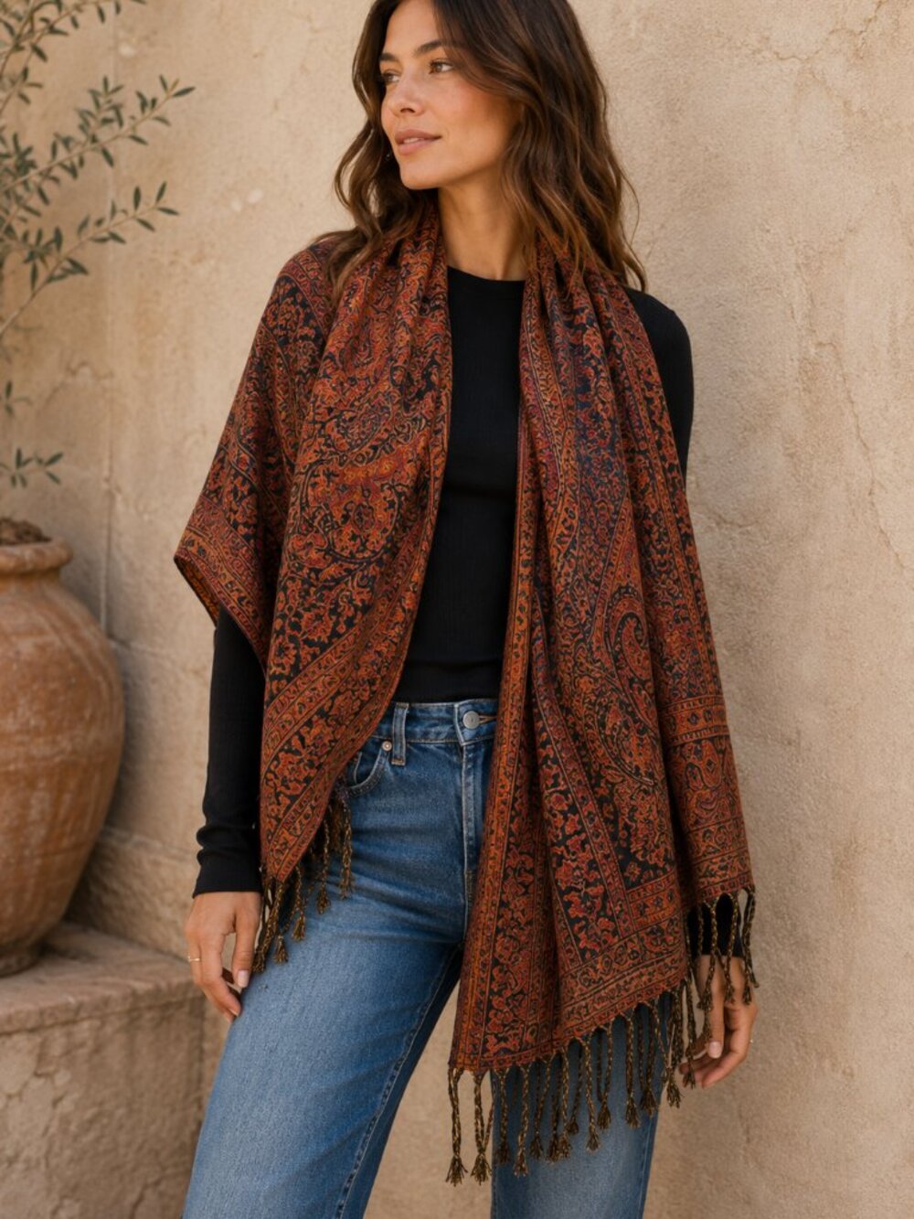 Cejon Paisley Scarf Womens Orange Black Pashmina Style Shawl Fringe Boho Wrap